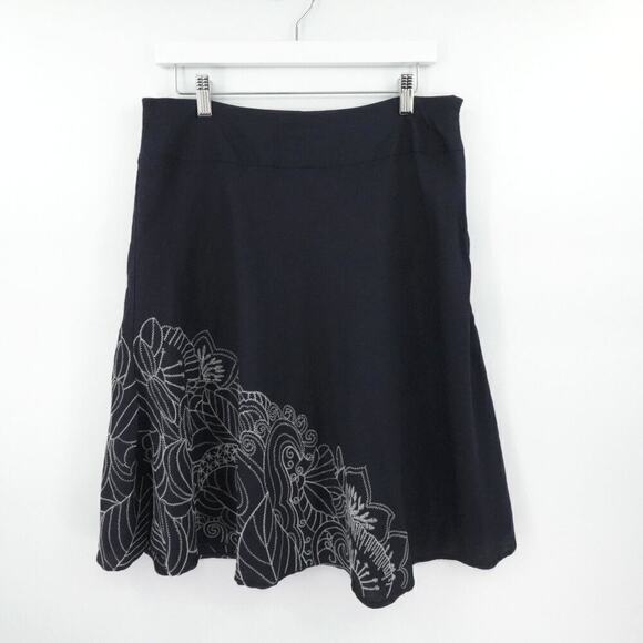 Flared Skirt Large Blue Floral Embroidery Ramie-Blend Modest Breezy - Picture 1 of 12